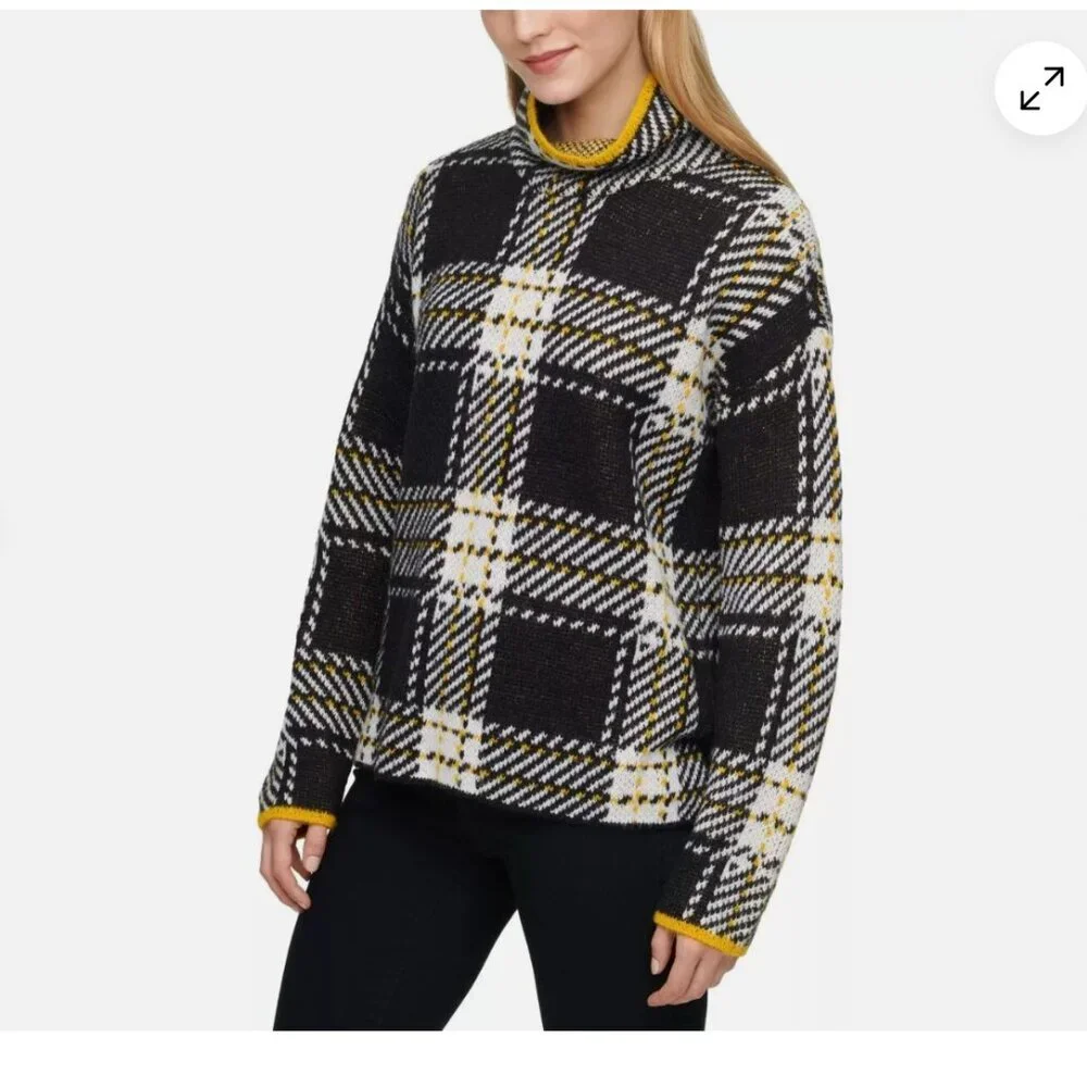 DKNY Sweater Plaid Yellow Black Sz Small NWT - Picture 2 of 8